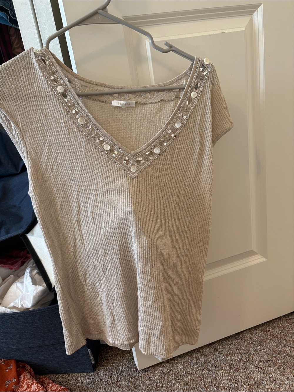 Escada Beige Ribbed V-Neck Blouse with Beaded Trim
